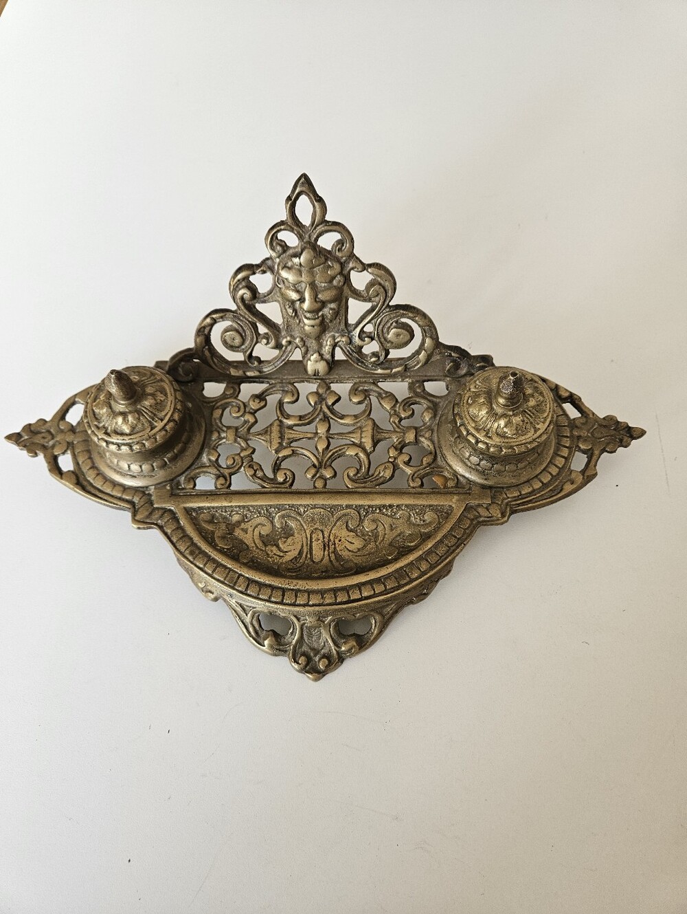 Ornate Vintage Brass Double Inkwell & Pen Rest – As Is
